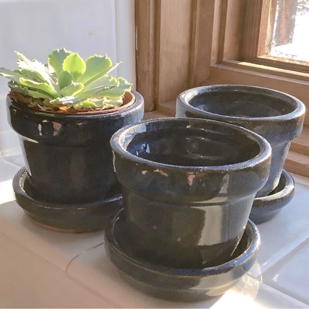 Set of 3 Blue Glazed Terra Cotta Pots Planters Succulent Herbs